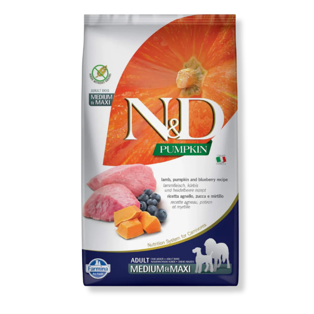 Farmina NandD Pumpkin Lamb and Blueberry Adult Medium and Maxi Dog Dry Food bag