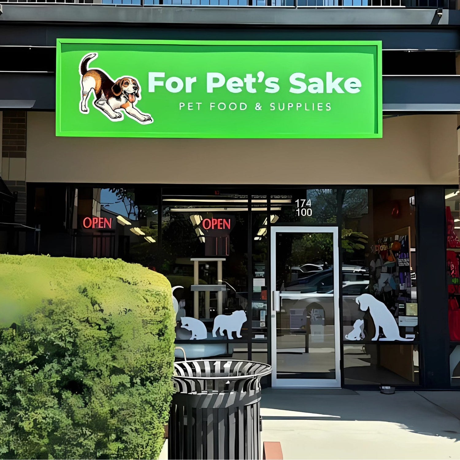 Storefront of 'For Pet's Sake' pet food and supplies with a green sign.