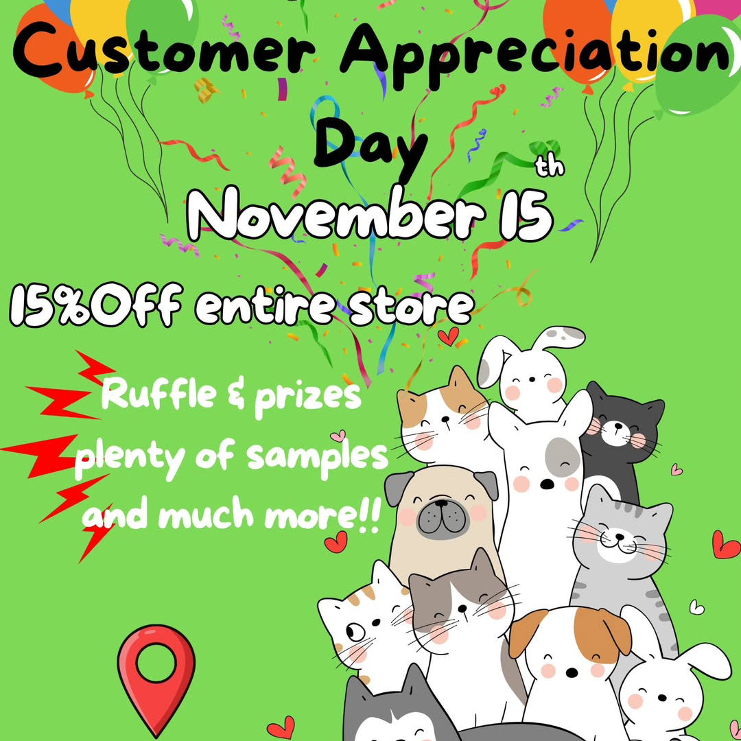 Promotional flyer for 'For Pet's Sake' with cartoon animals, balloons, and text about a customer appreciation day.