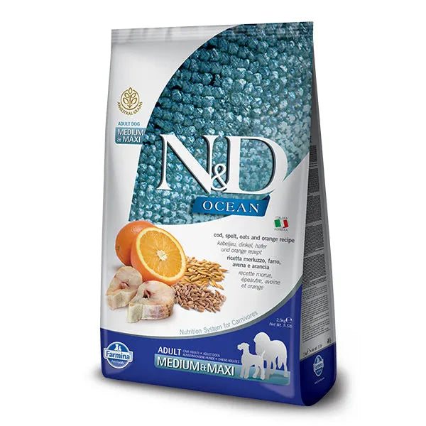 Farmina NandD Ocean Cod, Spelt, Oats and Orange Medium and Maxi Adult Dry Dog Food bag
