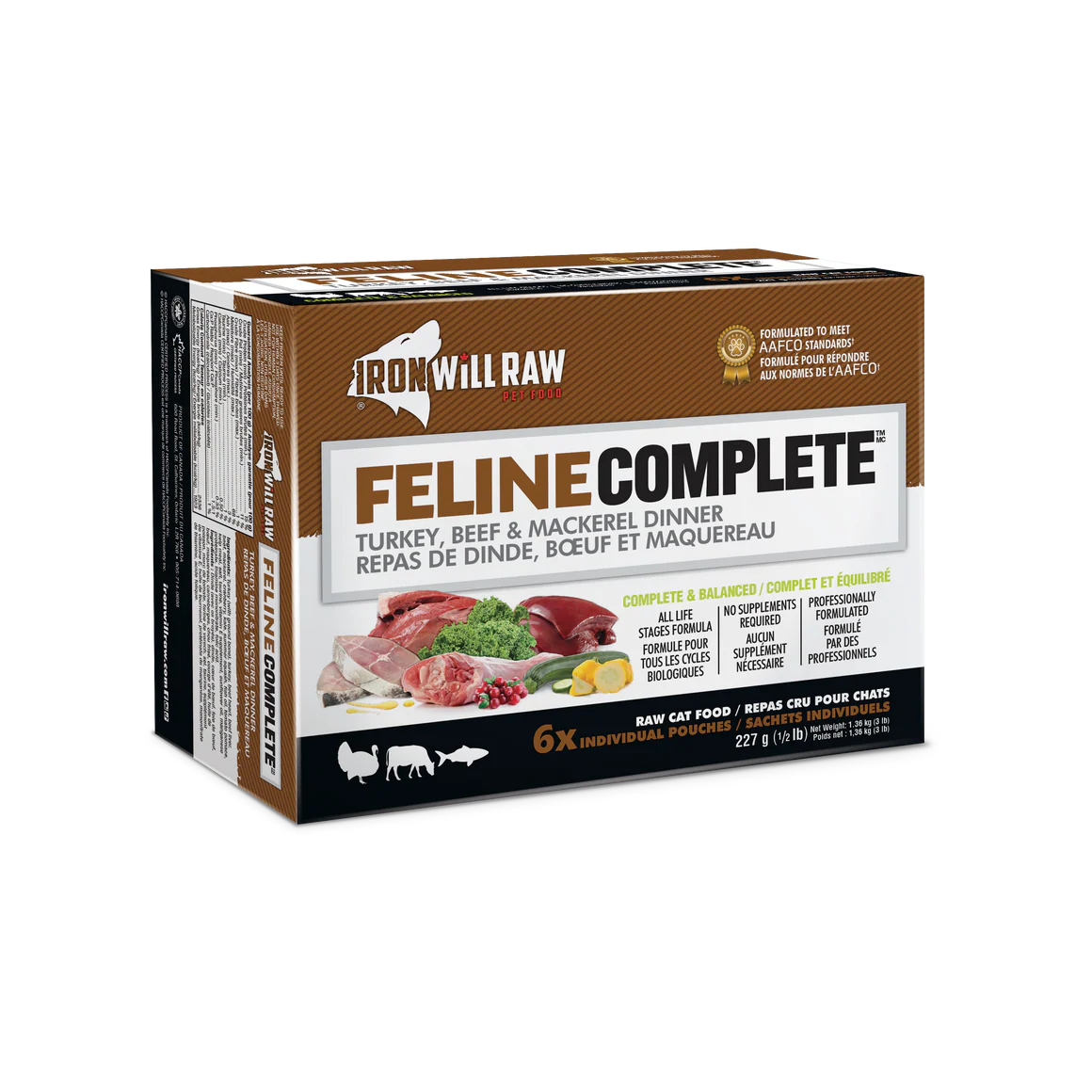 Iron Will Raw Feline Complete Turkey, Beef and Mackerel Dinner Frozen Cat Food, 3-lb