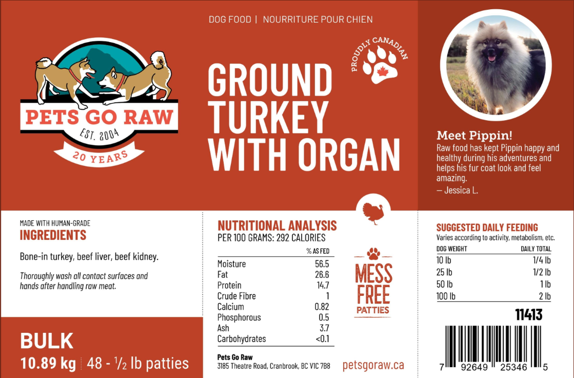 Pets Go Raw Ground Turkey with Organ 24lb