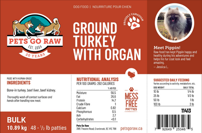 Pets Go Raw Ground Turkey with Organ 24lb