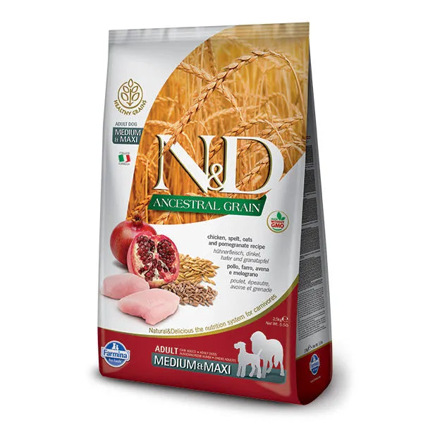 Farmina NandD Ancestral Grain Chicken and Pomegranate Medium and Maxi Adult Dry Dog Food bag