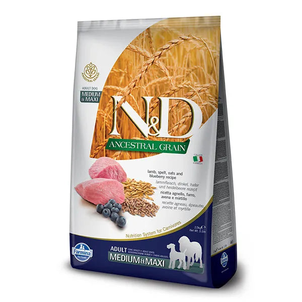 Farmina NandD Ancestral Grain Lamb and Blueberry Medium and Maxi Adult Dry Dog Food bag