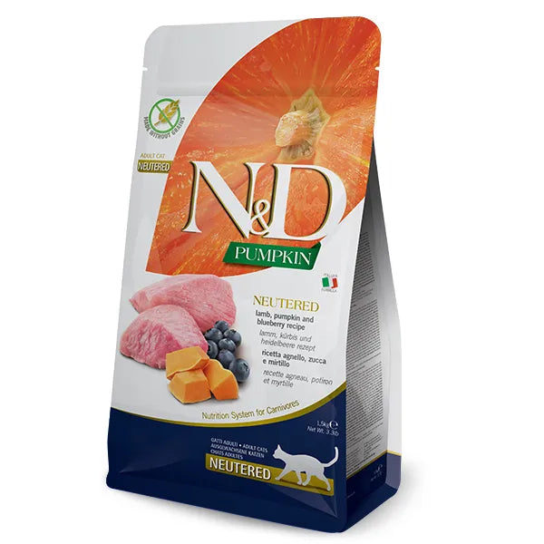 Farmina NandD Pumpkin Lamb, Pumpkin and Blueberry Neutered Dry Cat Food bag