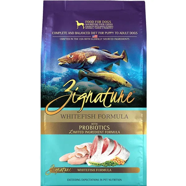 Zignature Whitefish Limited Ingredient Formula Grain-Free Dry Dog Food bag